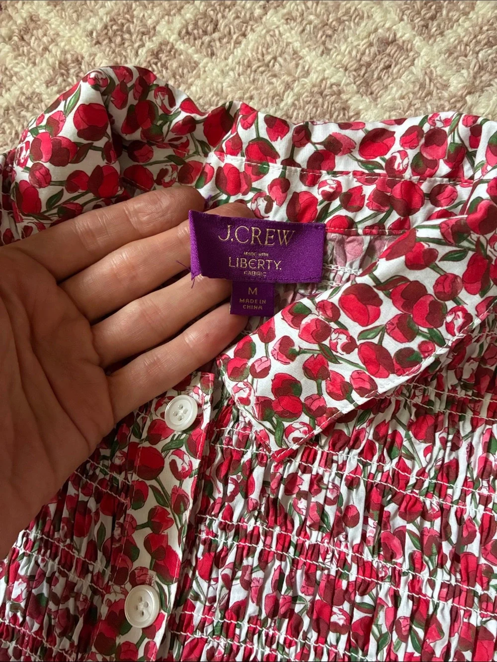 J.Crew Smocked button-up shirt in Liberty Eliza's Red fabric